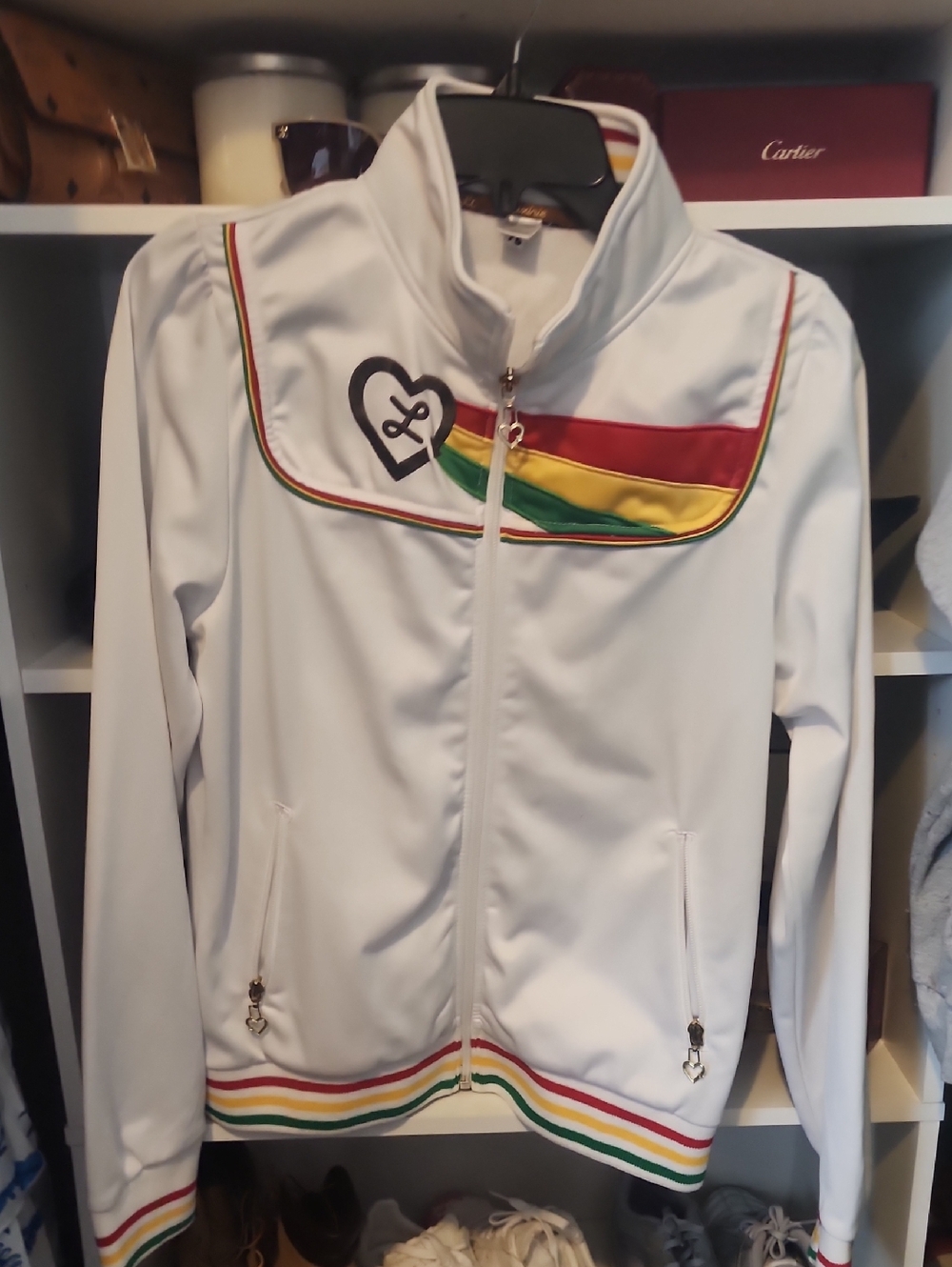White Women’s Track Jacket with Multi Color Trim